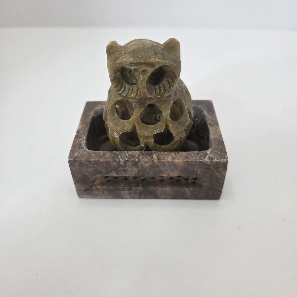 Hand Carved Stone Owl Figurine w Carved Stone Base Incense Holder Vintage